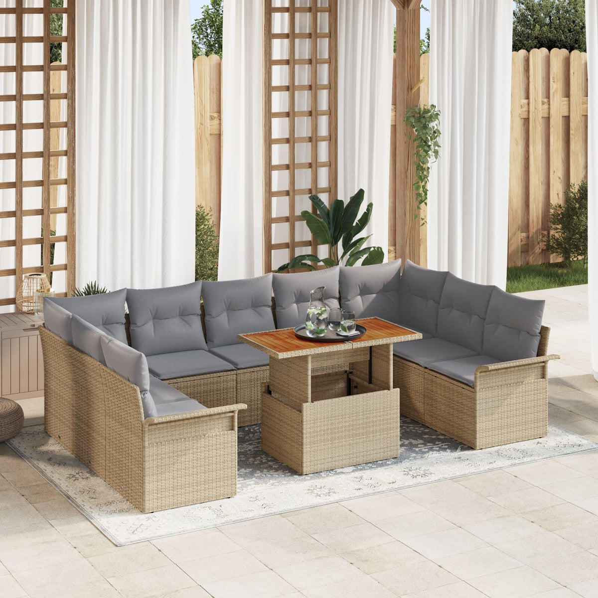 10-teiliges Garten Esszimmer Set mit Kissen Beige Poly Rattan Akazie