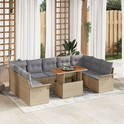 10-teiliges Garten Esszimmer Set mit Kissen Beige Poly Rattan Akazie