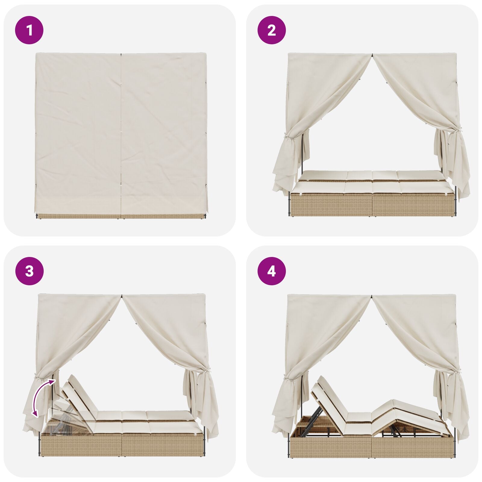 Doppellounger mit Dach und Vorhängen in Beige aus Poly Rattan