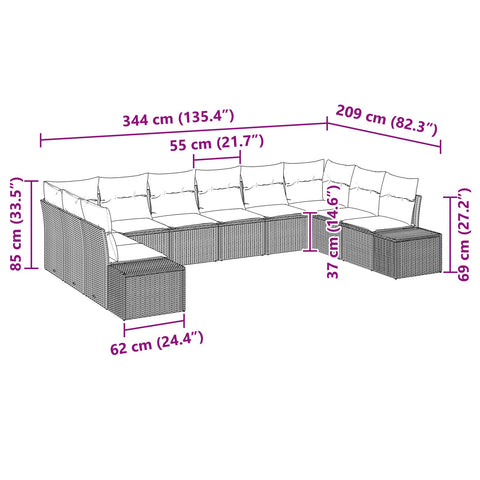 10-teiliges Garten Sofa Set mit Kissen Beige Poly Rattan