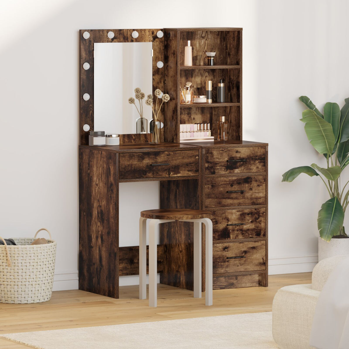 2-tlg. Schminktisch-Set mit LED-Leuchten Räuchereiche