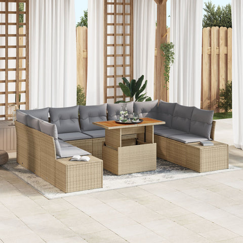 10-teiliges Garten Sofa Set mit Kissen Beige Poly Rattan