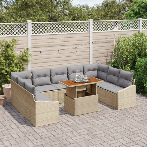 10-teiliges Garten Esszimmer Set mit Kissen Beige Poly Rattan Akazie