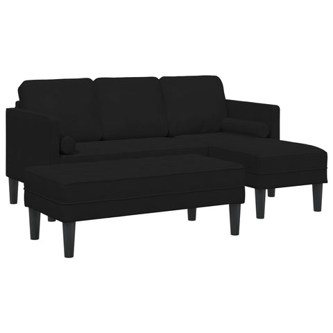 Garten Sofa mit Bank und Kissen L-förmiger schwarzer Samt, 3-Sitzer Sofa mit Chaise L-förmiger schwarzer 160 cm Samt, Bank Schwarz 113x57x39 cm Samt