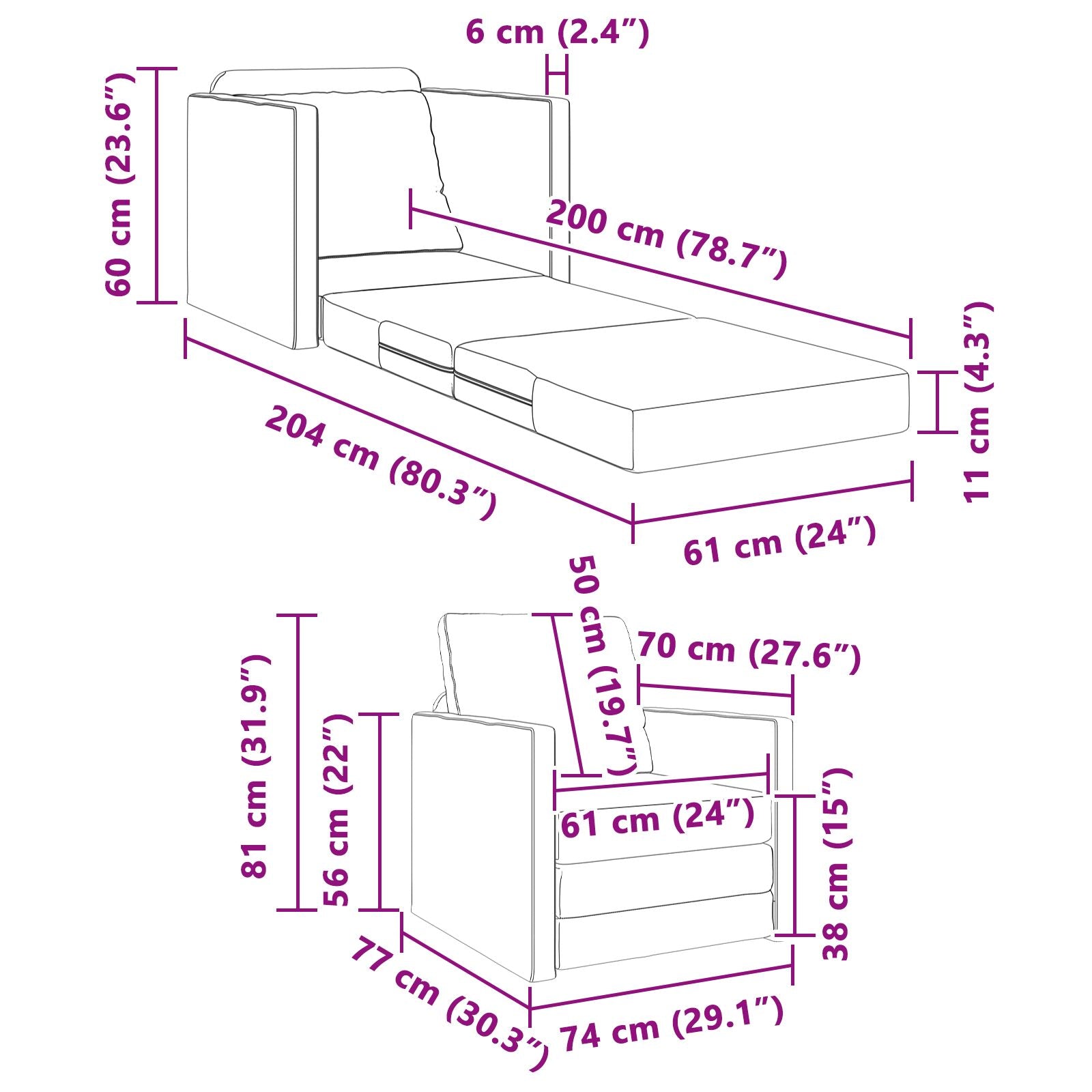 Boden-Sofa-Bett 2-in-1 Weiß 74x77x81 cm Kunstleder