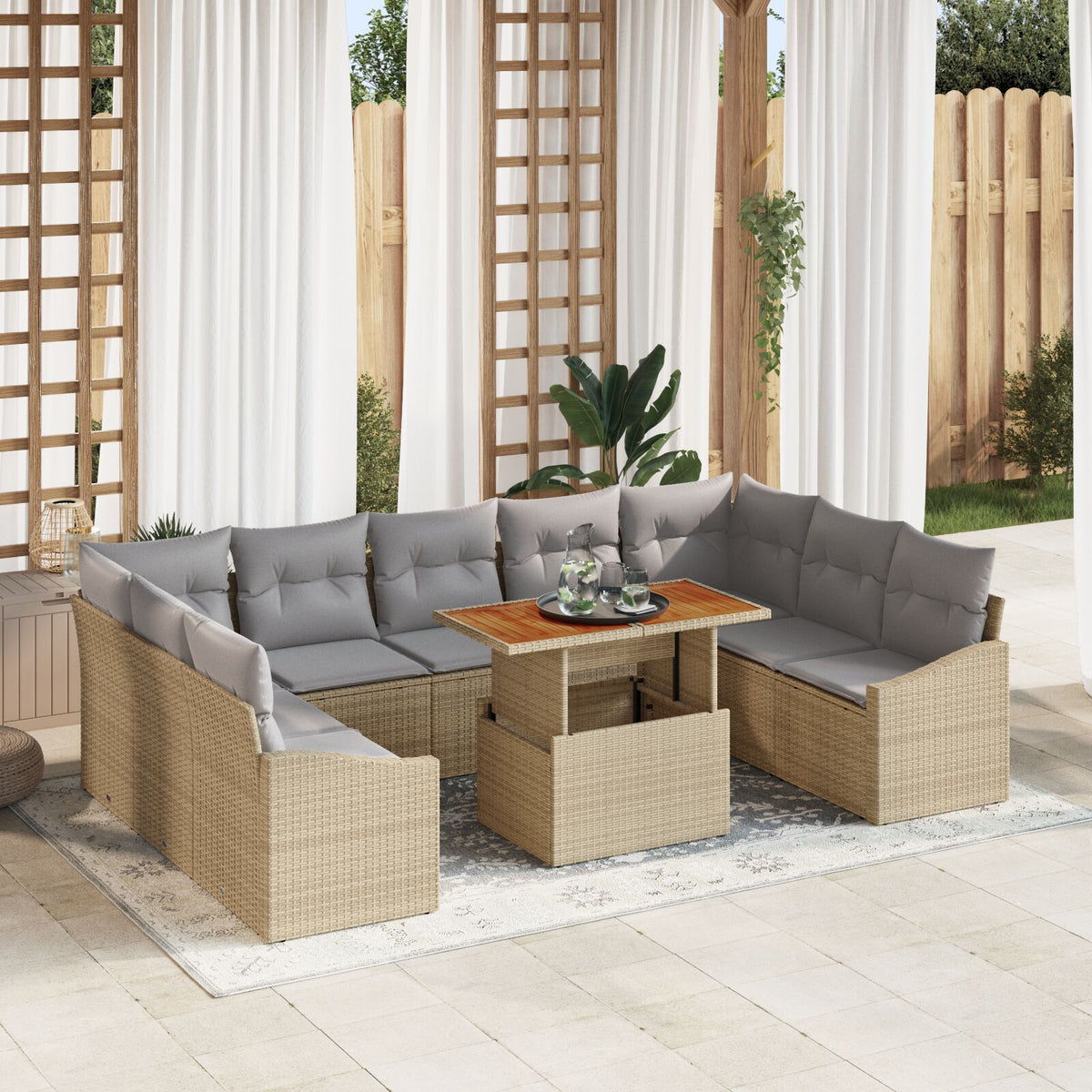 10-teiliges Garten Esszimmer Set mit Kissen Beige Poly Rattan Akazie