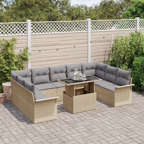 10-teiliges Garten Sofa Set mit Kissen Beige Poly Rattan