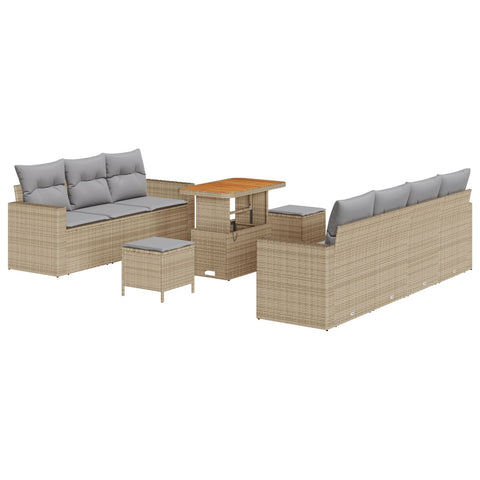 10-teilige Garten Sofa Set mit Kissen Beige Poly Rattan Akazie, 3-teilige Garten Essgruppe mit Kissen Beige Poly Rattan Akazie