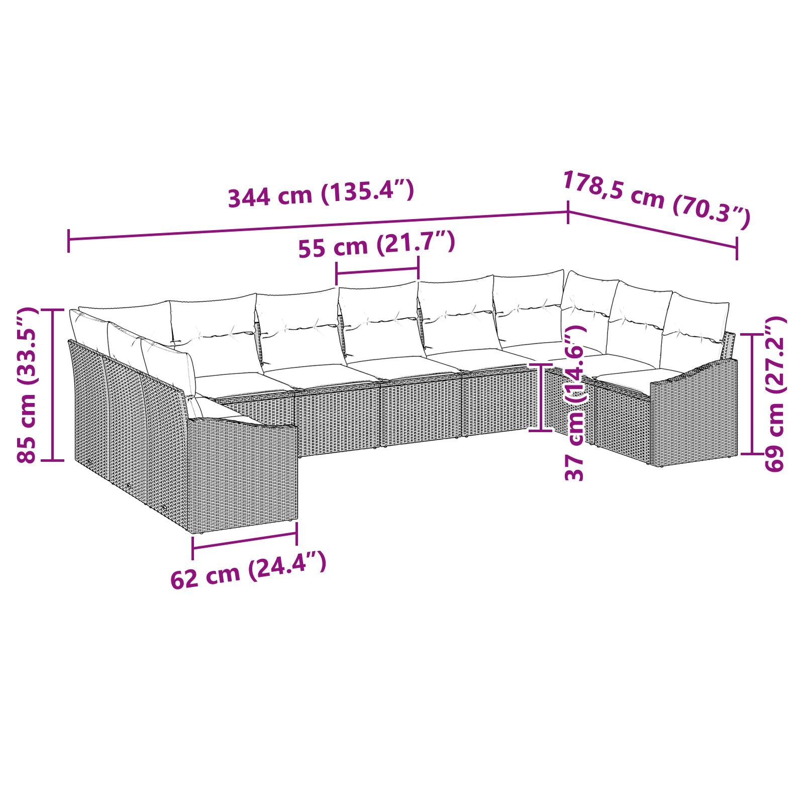 10-teiliges Garten Sofa Set mit Kissen Beige Poly Rattan