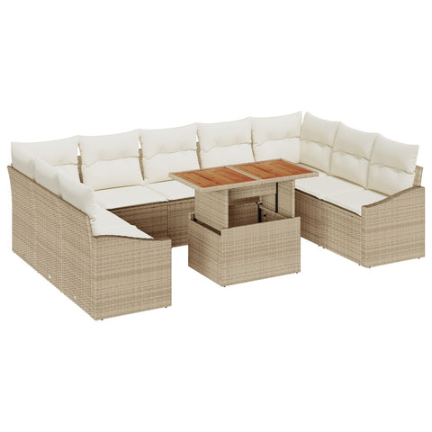 10-teiliges Garten Essset mit Kissen Beige Poly-Rattan Akazie
