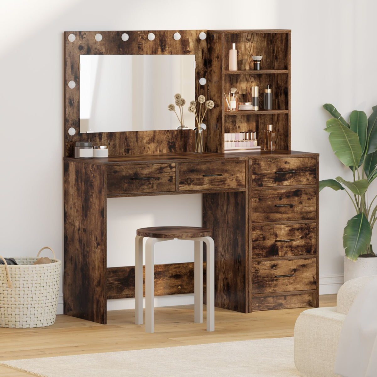 2-tlg. Schminktisch-Set mit LED-Leuchten Räuchereiche