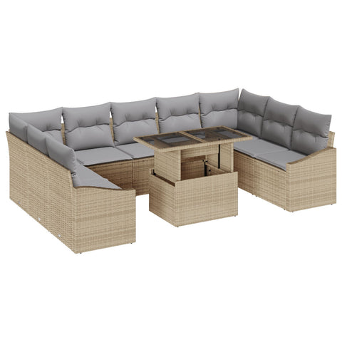 10-teiliges Garten Sofa Set mit Kissen Beige Poly Rattan