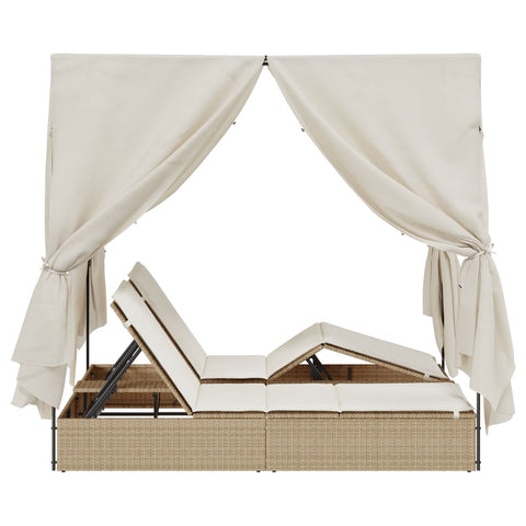 Doppellounger mit Dach und Vorhängen in Beige aus Poly Rattan