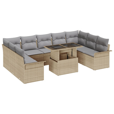 10-teiliges Garten Sofa Set mit Kissen Beige Poly Rattan