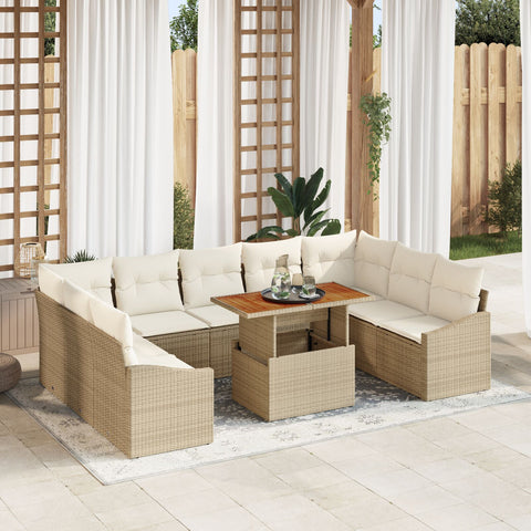10-teiliges Garten Essset mit Kissen Beige Poly-Rattan Akazie