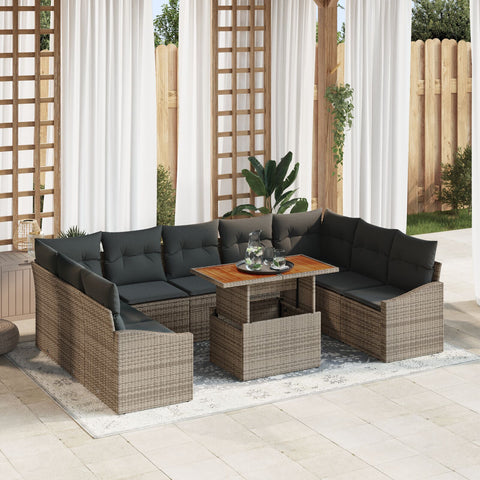 10-teiliges Garten Esstisch Set mit Kissen Grau Poly Rattan Akazie