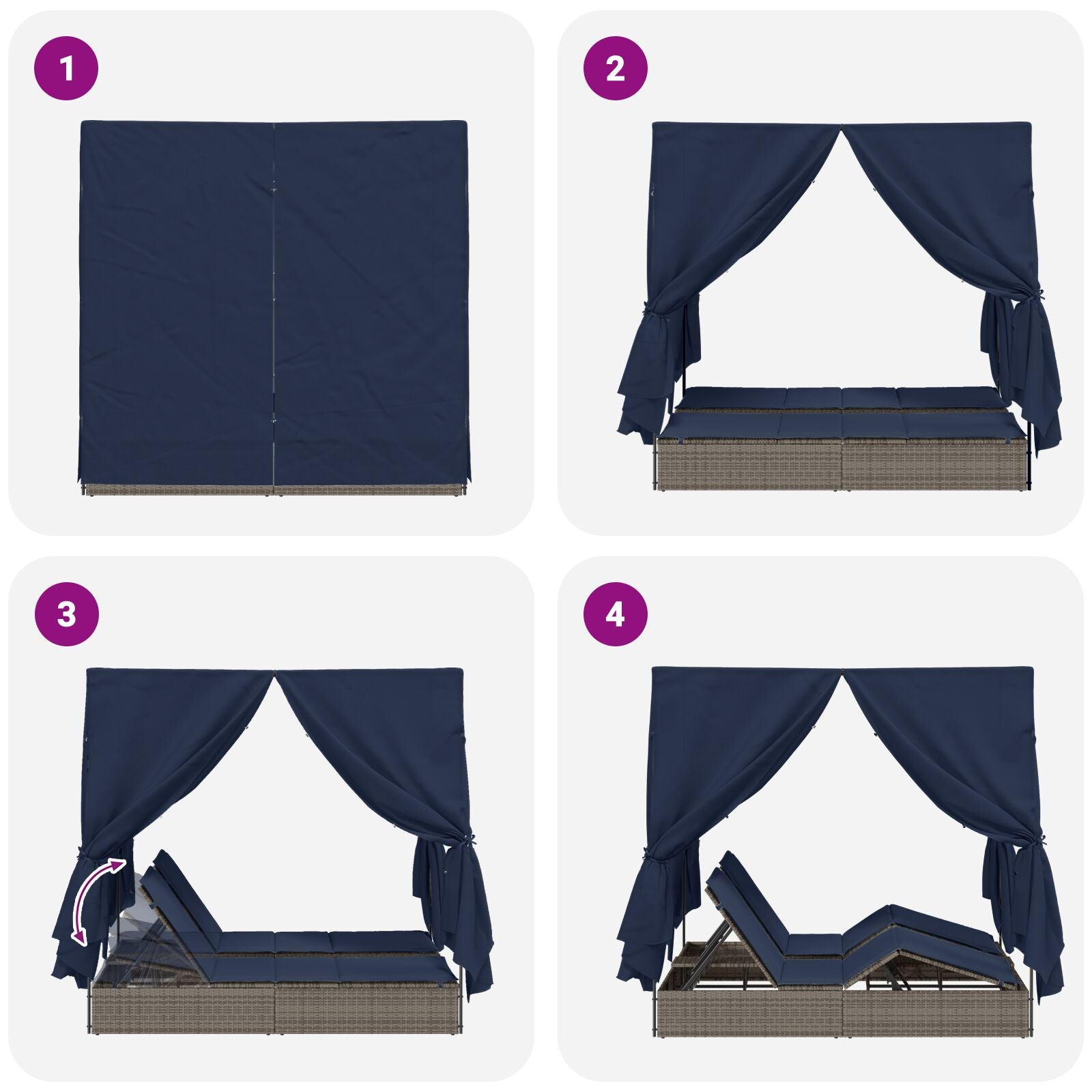 Doppelliege Set aus 2 Grau und Marineblau Rattan Groß
