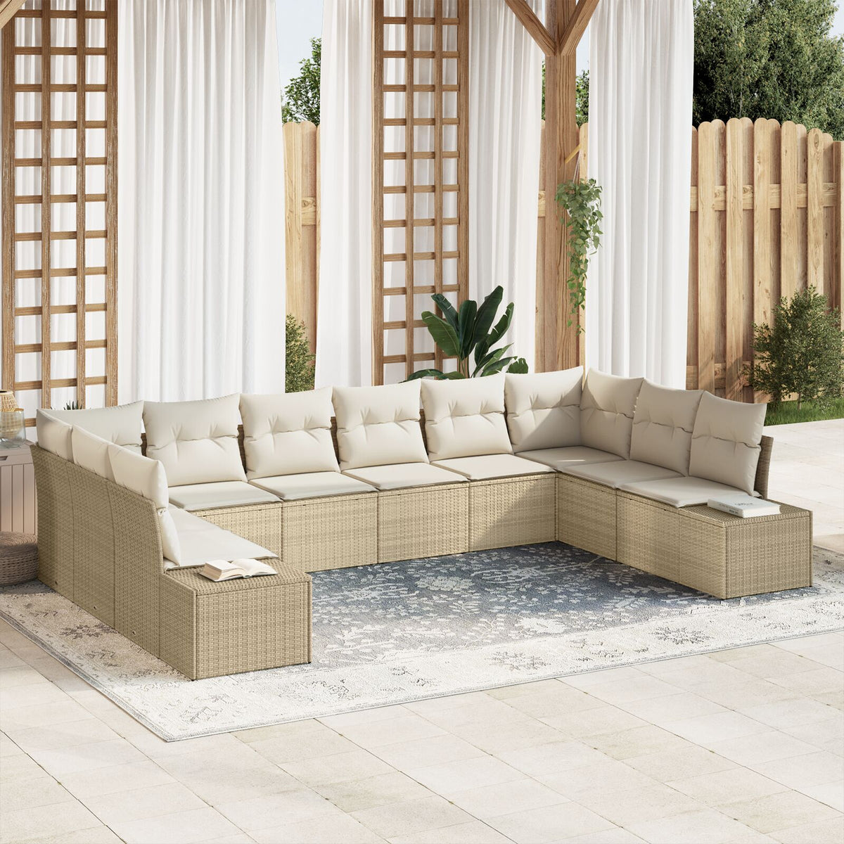 10-teiliges Garten Sofa Set mit Kissen Beige Poly Rattan