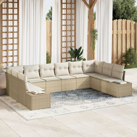 10-teiliges Garten Sofa Set mit Kissen Beige Poly Rattan