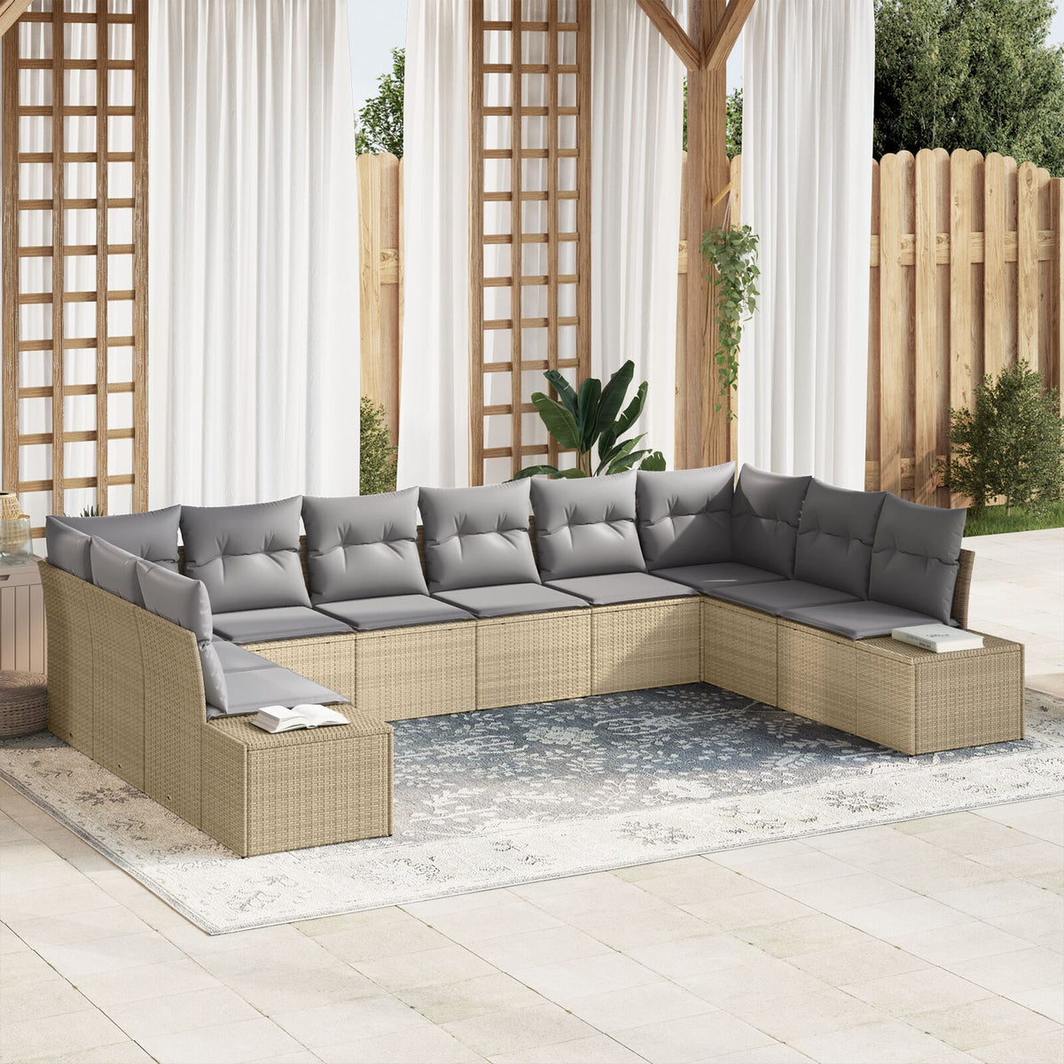 10-teiliges Garten Sofa Set mit Kissen Beige Poly Rattan