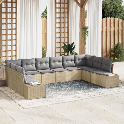 10-teiliges Garten Sofa Set mit Kissen Beige Poly Rattan