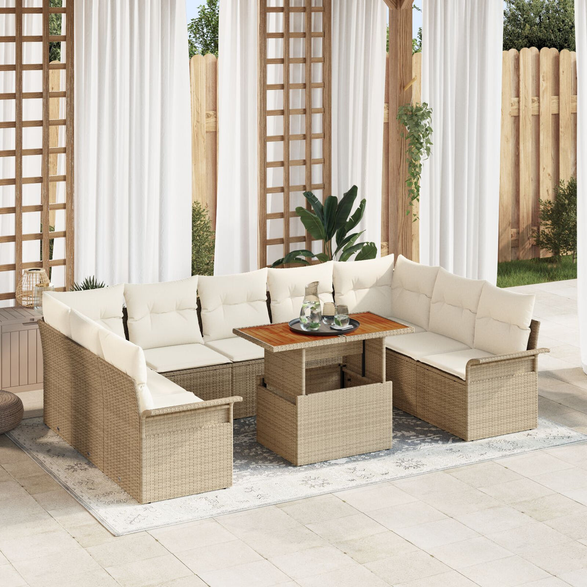 10-teilige Garten Essgruppe mit Kissen Beige Poly Rattan Akazie