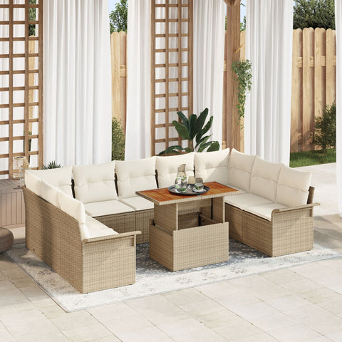 10-teilige Garten Essgruppe mit Kissen Beige Poly Rattan Akazie