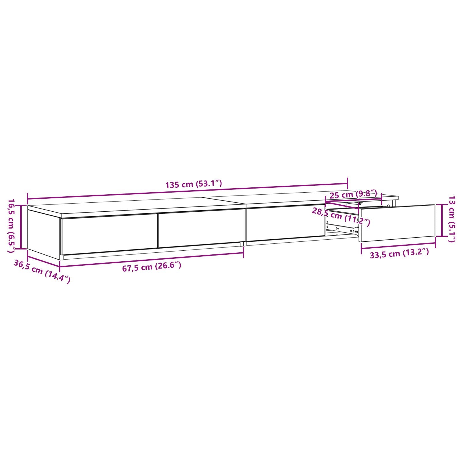 Nachttisch in Beton Grau - 135 x 36.5 x 16.5 cm aus Spanplatte