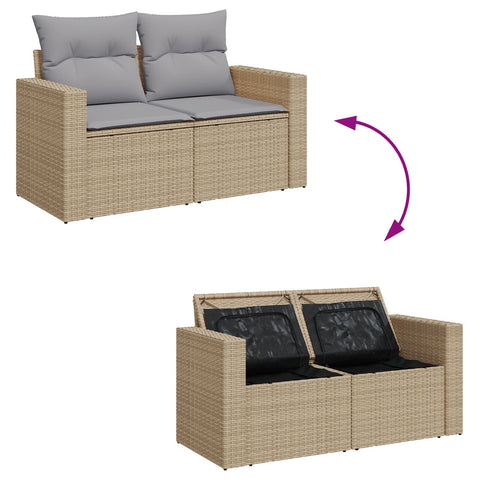 10-teilige Garten Sofa Set mit Kissen Beige Poly Rattan Akazie, 3-teilige Garten Essgruppe mit Kissen Beige Poly Rattan Akazie