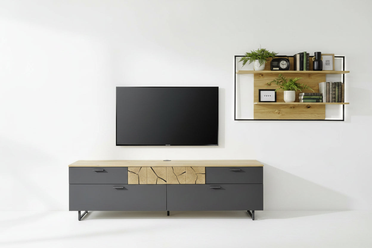 kalb TV Wohnwand Set mit Lowboard und beleuchtetem Wandregal in Eiche Graphit, Made in Germany