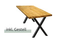 Tisch mit Tischplatte 160 x 80 cm ohne Baumkante aus massiver Eiche mit Aufdopplung am Rand - verschiedene Tischbeine zur Auswahl Doppel-Dreieck Gestell