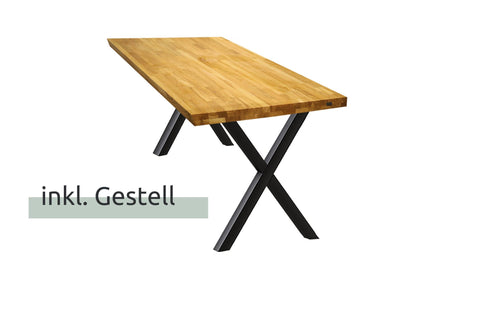 Tisch mit Tischplatte 160 x 80 cm ohne Baumkante aus massiver Eiche mit Aufdopplung am Rand - verschiedene Tischbeine zur Auswahl