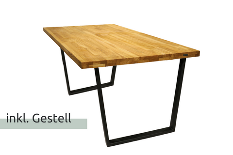 Tisch mit Tischplatte 160 x 80 cm ohne Baumkante aus massiver Eiche mit Aufdopplung am Rand - verschiedene Tischbeine zur Auswahl