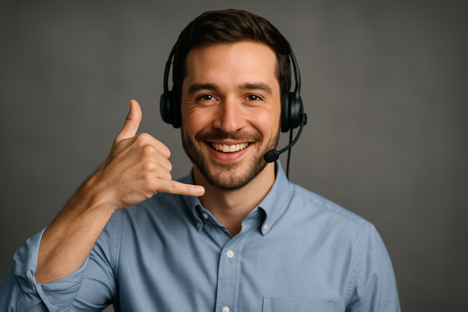 A male support agent smiling at the camera, inviting the viewer to call, making a symbol for it with the right hand, landscape photography, portrait professional studio lighting, blurred background, no text. Casual, but professional clothing