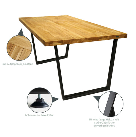 Tisch mit Tischplatte 160 x 80 cm ohne Baumkante aus massiver Eiche mit Aufdopplung am Rand - verschiedene Tischbeine zur Auswahl