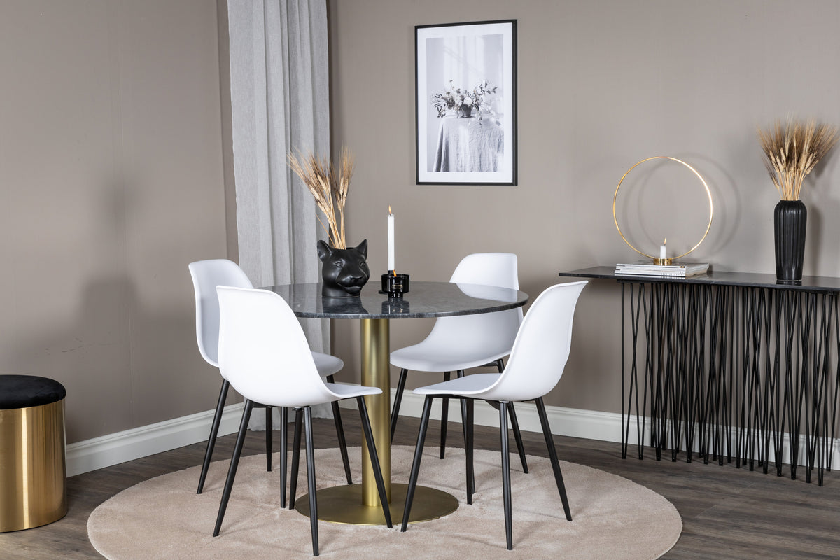 Estelle Essgruppe rund mit dunklem Marmortisch Ø 106 cm und 4 weißen P –