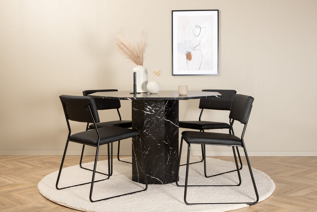 gr22354__10_6f3d9996-cde5-4369-9a22-59ad65c4af63 Marbs rundes 5 teiliges Essgruppen Set mit schwarzem Tisch Ø 110 cm in Marmoroptik und 4 schwarzen Stühlen