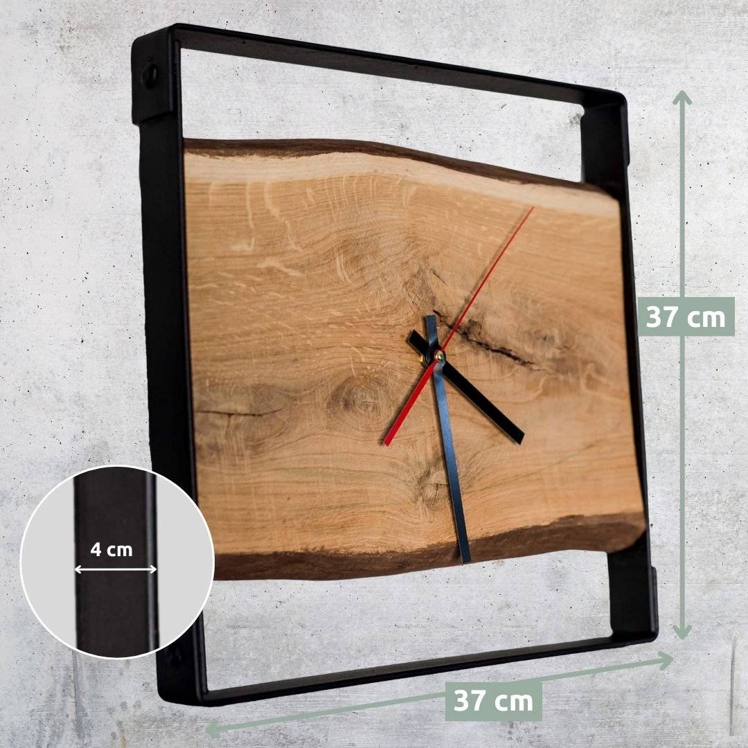 Quadratische Wanduhr mit Stahlrahmen aus massiver Eiche von holz4home®ohne Nuten