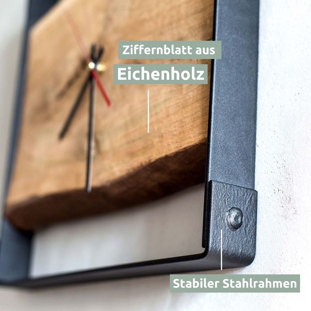 Quadratische Wanduhr mit Stahlrahmen aus massiver Eiche von holz4home®ohne Nuten