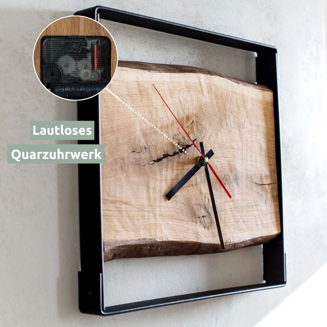 Quadratische Wanduhr mit Stahlrahmen aus massiver Eiche von holz4home®ohne Nuten