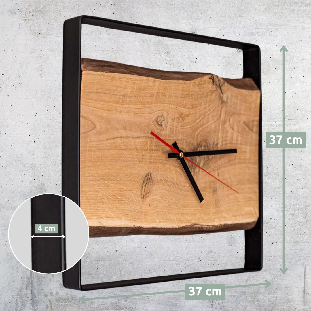 Quadratische Wanduhr mit Stahlrahmen aus massiver Eiche von holz4home®ohne Nuten