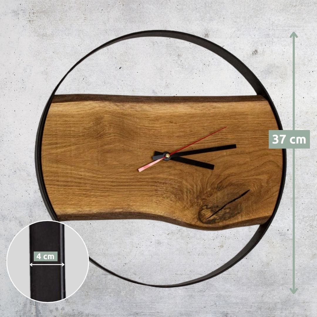 Wanduhr mit Stahlrahmen aus massiver Eiche58 cm