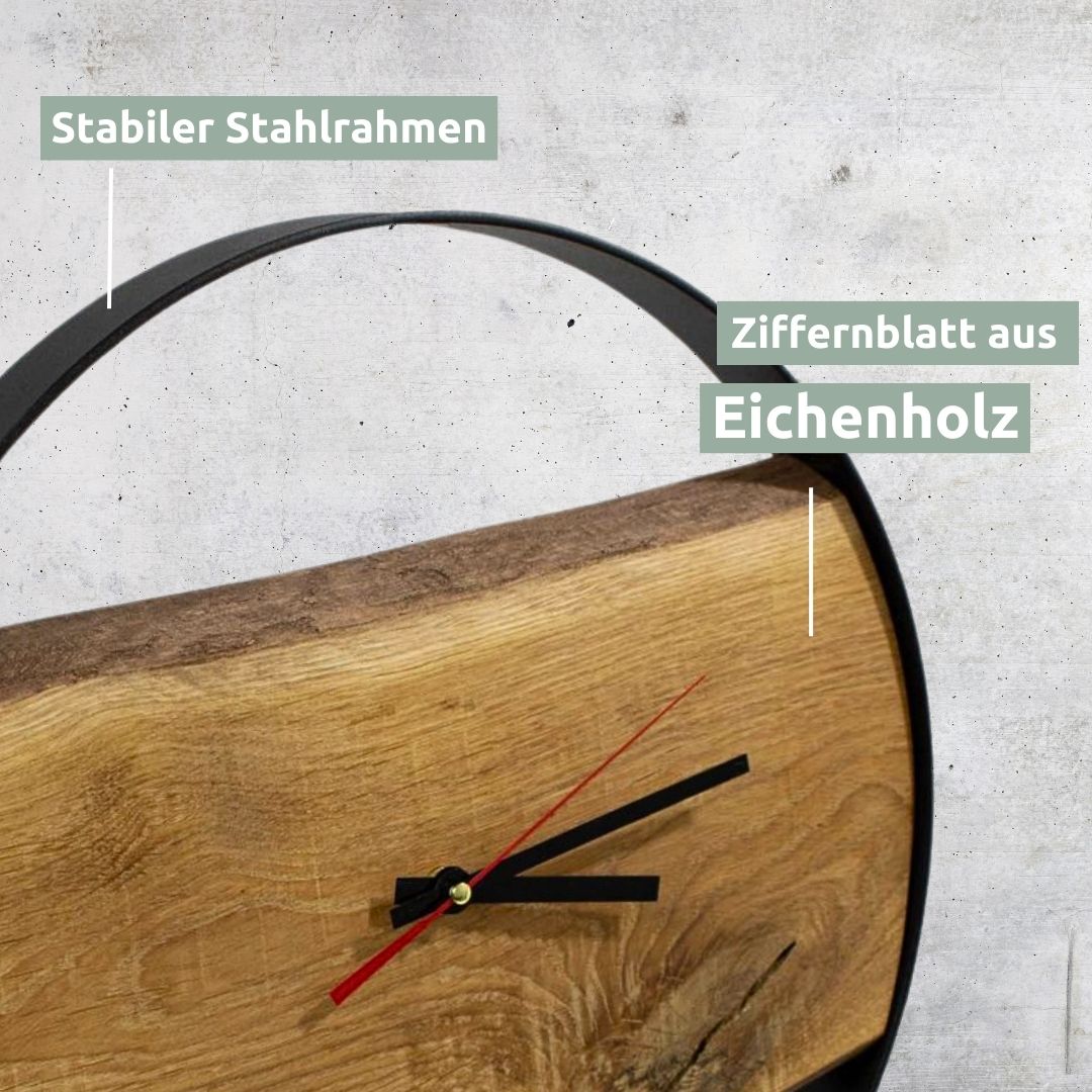 Wanduhr mit Stahlrahmen aus massiver Eiche58 cm