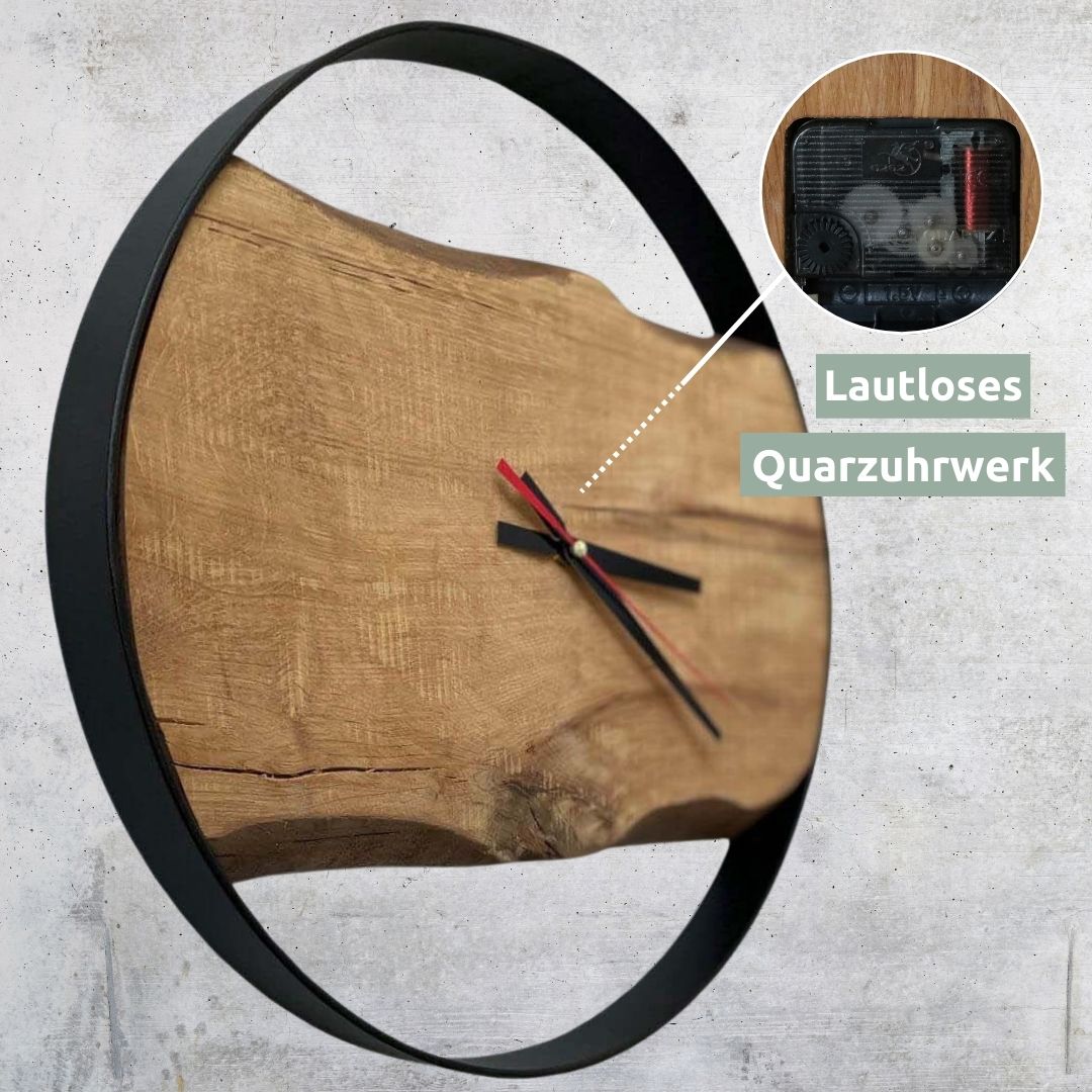 Wanduhr mit Stahlrahmen aus massiver Eiche58 cm