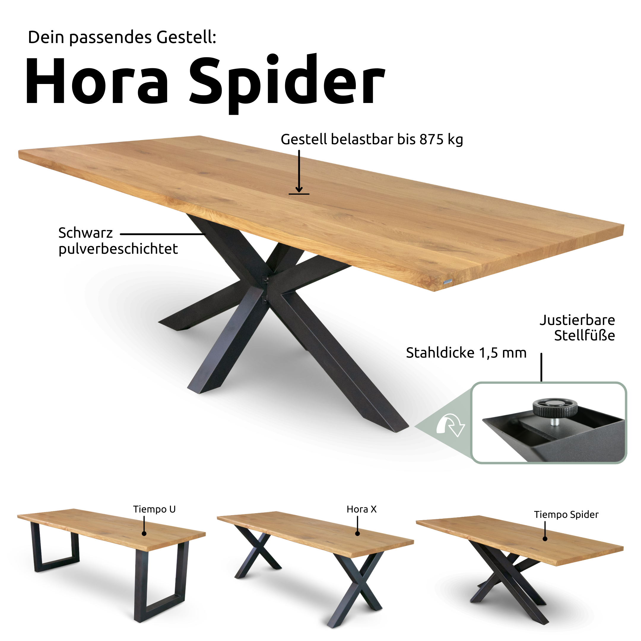 h4h220_hora_spider_a09daefe-9e0f-406d-9782-2ee55ee01765 Massivholztisch Eiche, 4cm massive Tischplatte, geölt, robust & zeitloses Design für Esszimmer, Büro & Konferenzraum, Esstisch Baumkante