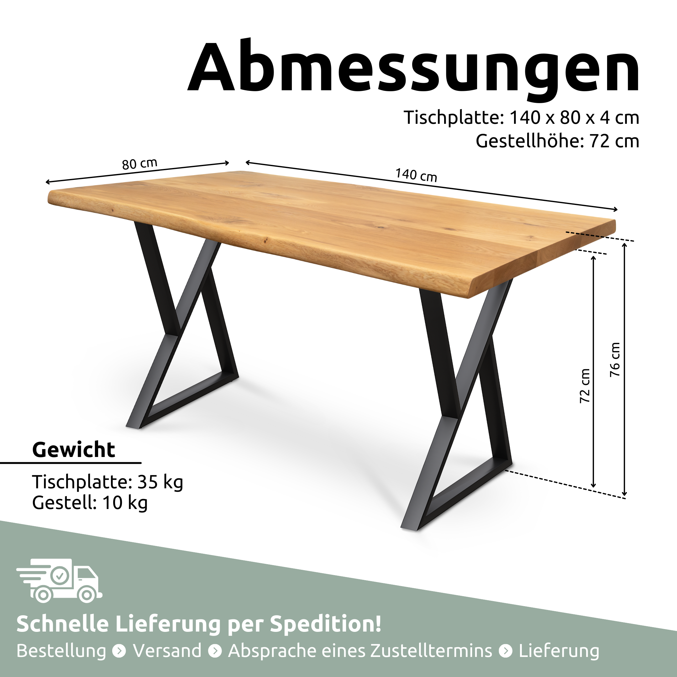 Massivholztisch aus Eiche I Esszimmertisch Massivholz160x80cm / Baumkante / Doppel-Dreieck