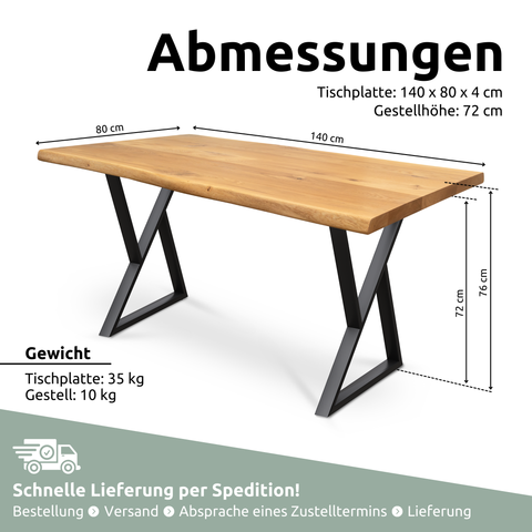 Massivholztisch aus Eiche I Esszimmertisch Massivholz160x80cm / Baumkante / Doppel-Dreieck
