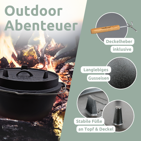 Dutch Oven I eingebrannter Feuertopf aus Gusseisen9 Liter