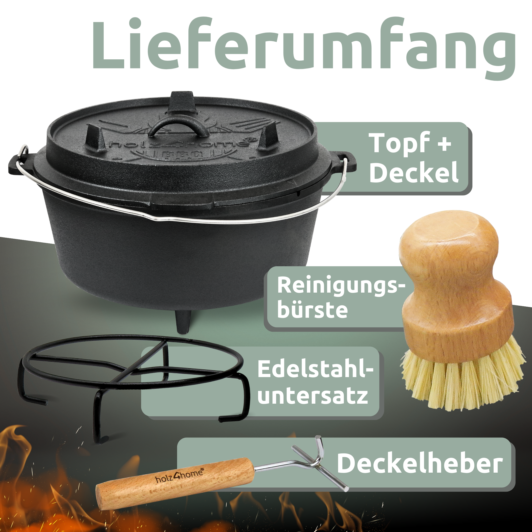 Dutch Oven I eingebrannter Feuertopf aus Gusseisen9 Liter