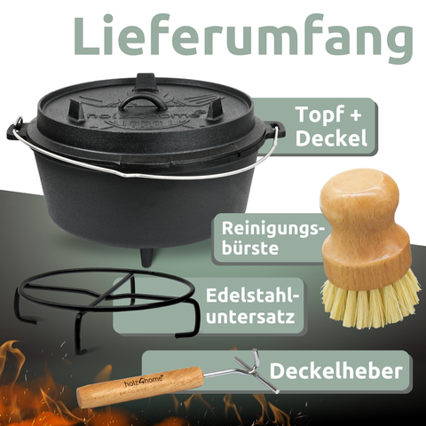 Dutch Oven I eingebrannter Feuertopf aus Gusseisen9 Liter